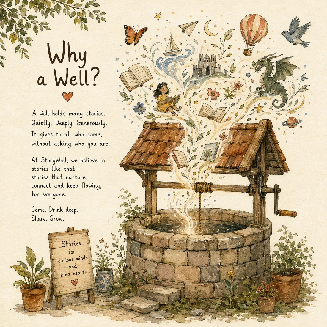 A stone wishing well with stories pouring out of it &mdash; books, a sailboat, a castle, a dragon, a hot-air balloon &mdash; beside a sign reading "Stories for curious minds and kind hearts."